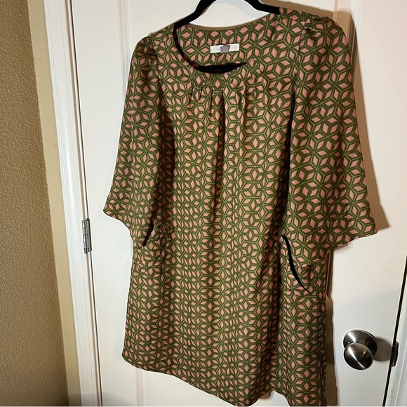 Retro Fossil A-Line Dress | Mid Century Mod Pink Green Geometric Pattern Size M - Picture 2 of 10